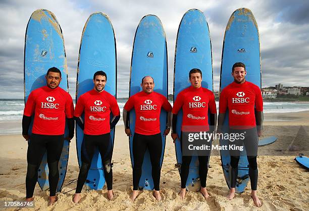British & Irish Lions players Toby Faletau, Connor Murray, Rory Best, Justin Tipuric and Alex Cuthbert take part surfing lessons on Bondi Beach on...