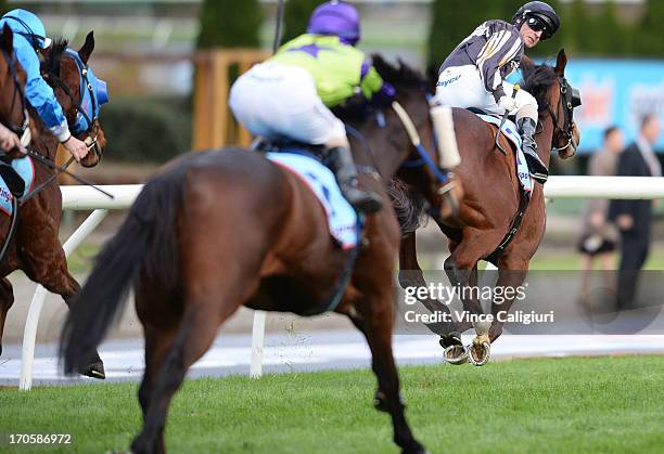 Glen Boss riding Mr O'ceirin looks over his shoulder and races away to win the Printhouse Graphic Handicap during Melbourne racing at Moonee Valley...