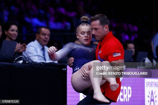 Joscelyn Roberson is evacuated after training on the Vault in the Women's Team Final during the 52nd FIG Artistic Gymnastics World Championships, in...