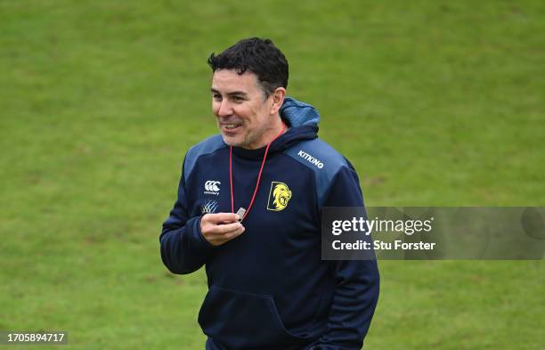 Durham coach Ryan Campbell smiles during a warm up game of football during the LV= Insurance County Championship Division 2 match between Durham and...