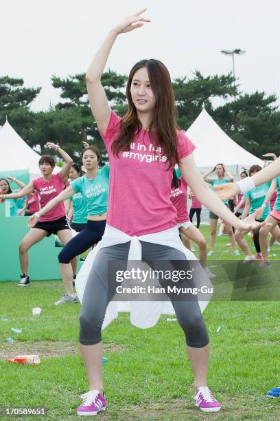 Krystal of girl group f attends the adidas 'All In For #Mygirls' at Olympic Park on June 15, 2013 in Seoul, South Korea.