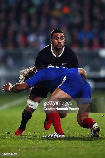 Liam Messam of the All Blacks charges forward during the International Test match between the New Zealand All Blacks and France at AMI Stadium on...