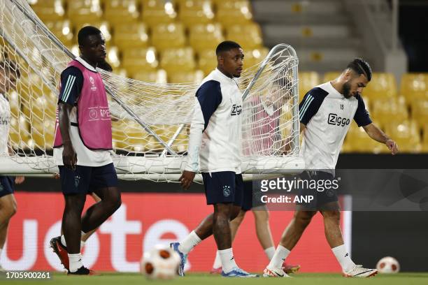 Brian Brobbey of Ajax, Steven Bergwijn of Ajax, Georges Mikautadze of Ajax during the training session before the UEFA Europa League match against...