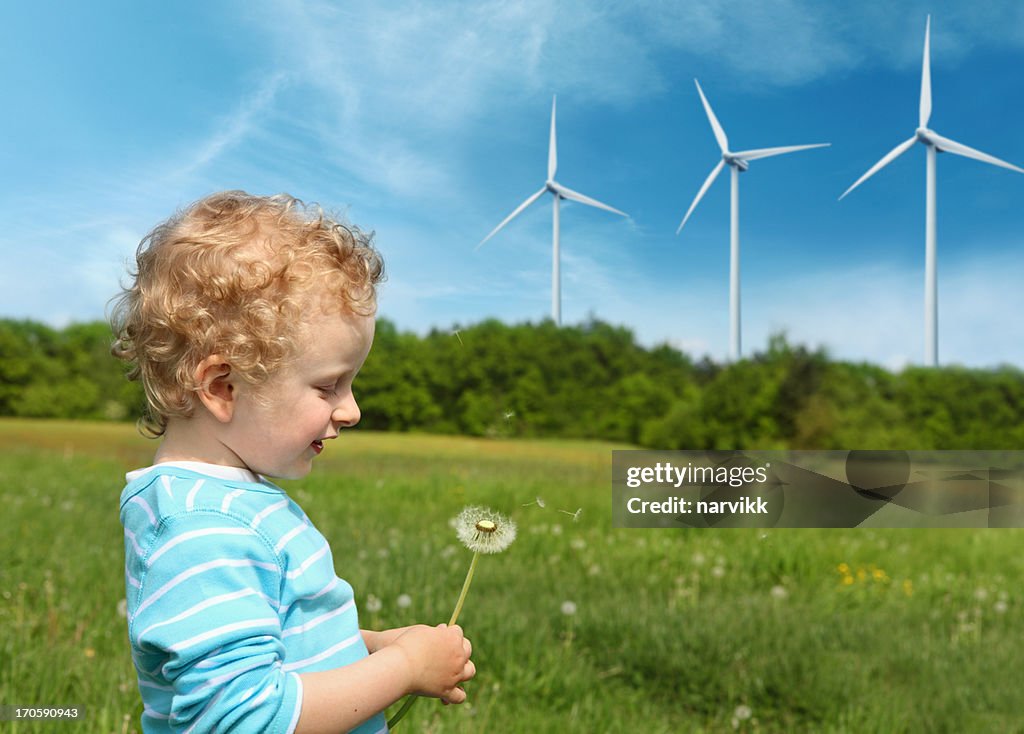 Boy blowing to dandelion and wind turbines