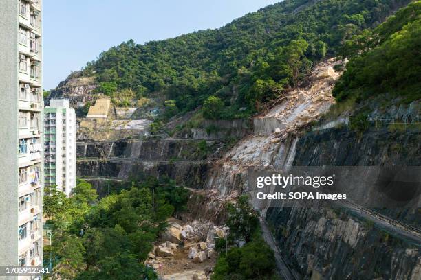 An aerial view of the landslide that has closed Yiu Hing Road since early September. Nearly a month after heavy rains caused a landslide near Yiu...