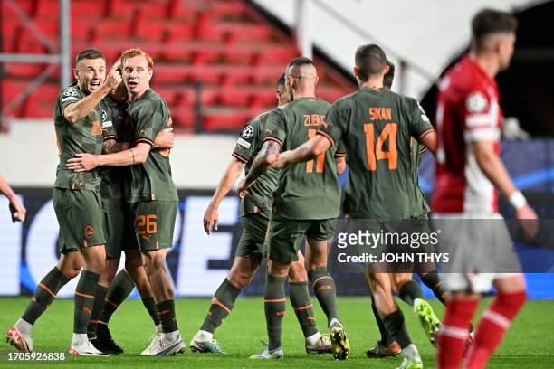 Shakhtar Donetsk's players celebrate their second goal during the UEFA Champions League Group H football match between Royal Antwerp Football Club...