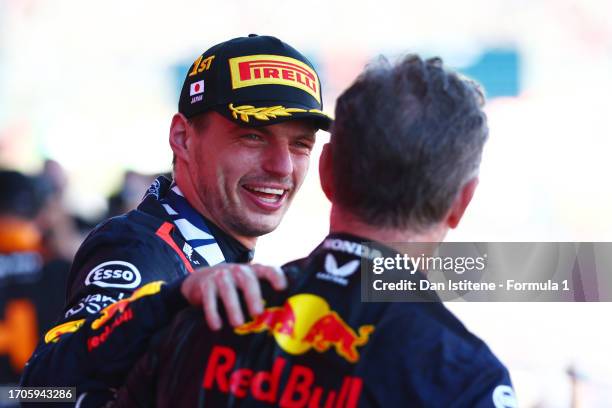 Race winner Max Verstappen of the Netherlands and Oracle Red Bull Racing celebrates with Red Bull Racing Team Principal Christian Horner on the...