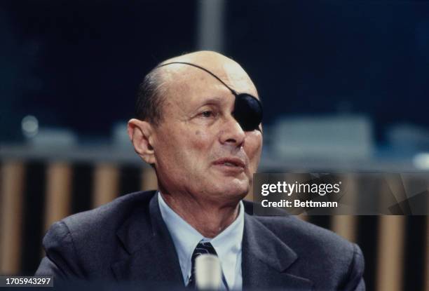 Israeli Foreign Minister Moshe Dayan speaking during a press conference at the United Nations in New York, October 10th 1977.