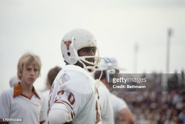 The Texas Longhorns' fullback Earl Campbell shown in action during a game against Texas A&M Aggies at Kyle Field stadium in College Station, Texas,...