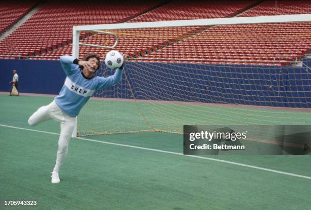 The Cosmos' goalkeeper Shep Messing making a save during training at Giants Stadium in East Rutherford, New Jersey, August 23rd 1977.