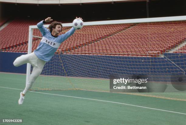 The Cosmos' goalkeeper Shep Messing making a save during training at Giants Stadium in East Rutherford, New Jersey, August 23rd 1977.