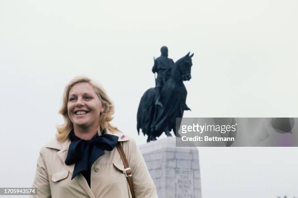 Margo McDonald, Depute Leader of the Scottish National Party, standing in front of a monument in Stirling, Scotland, September 24th 1977.