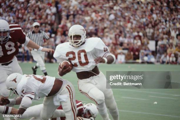 The Texas Longhorns' fullback Earl Campbell shown in action during a game against Texas A&M Aggies at Kyle Field stadium in College Station, Texas,...