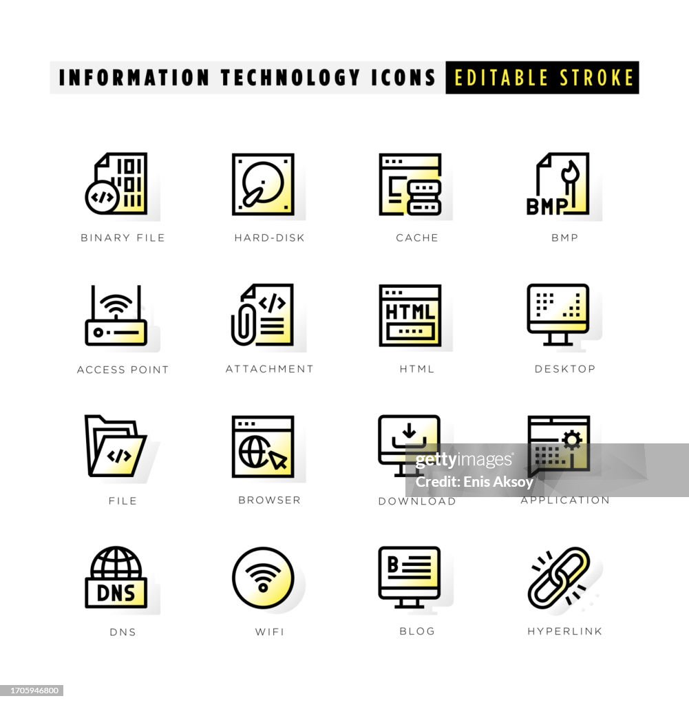 Iconos de tecnología de la información con brillo interior amarillo