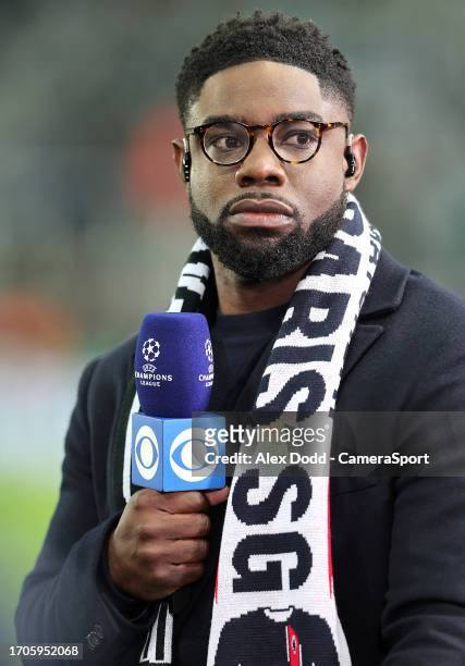 Former Manchester City defender Micah Richards attends to his TV pundit duties prior to the UEFA Champions League match between Newcastle United FC...