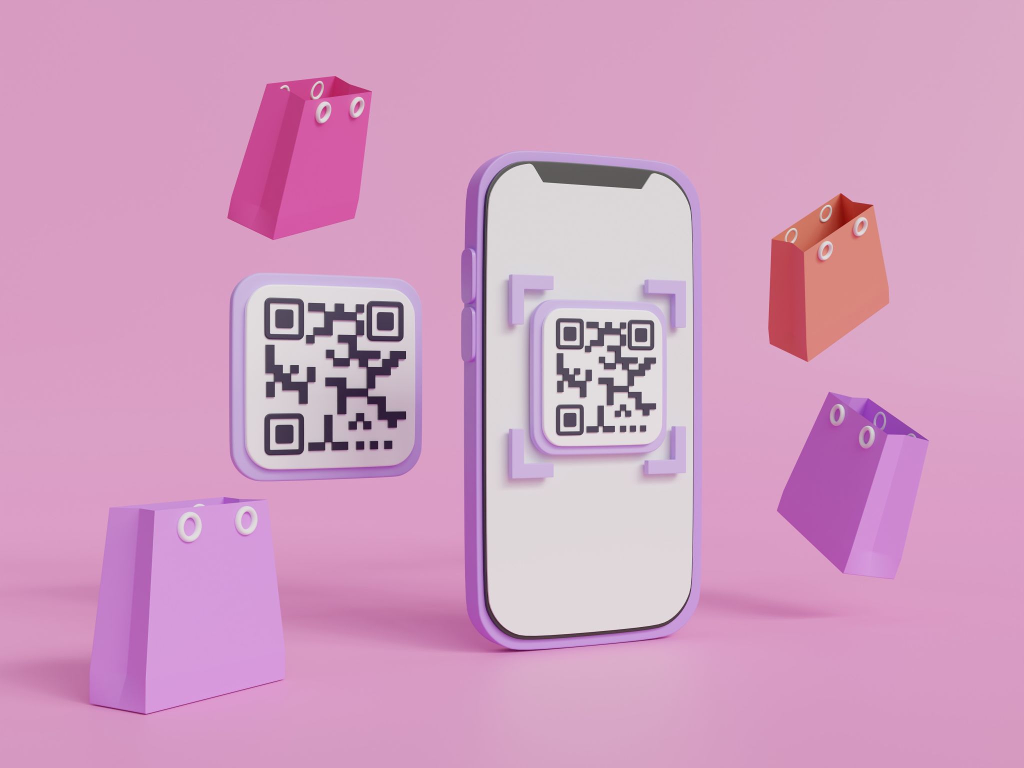 3D cartoon payment on mobile phone concept, QR code scanning on mobile making payment and shopping online on pink background. 3d icon render illustration. 3D cartoon payment on mobile phone concept, QR code scanning on mobile making payment and shopping online on pink background. 3d icon render illustration.