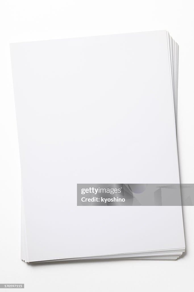 Isolated shot of stacked blank paper on white background