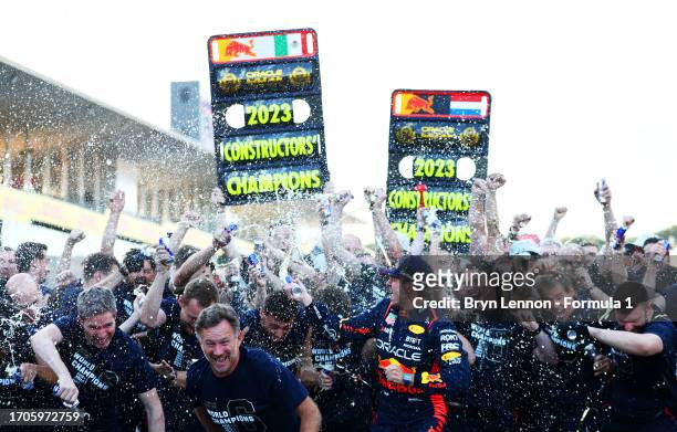 Race winner Max Verstappen of the Netherlands and Oracle Red Bull Racing, Sergio Perez of Mexico and Oracle Red Bull Racing, Red Bull Racing Team...