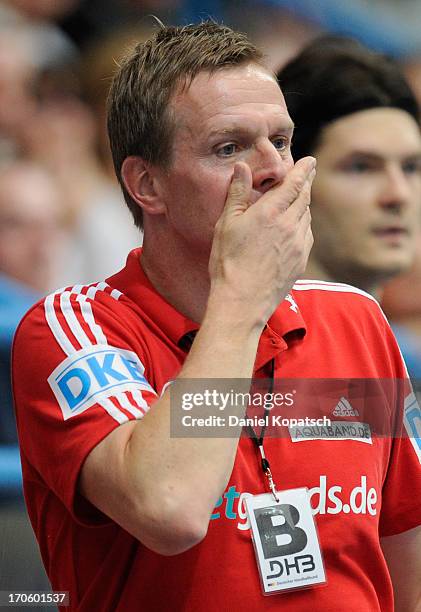 Coach Martin Heuberger of Germany reacts during the EHF Euro 2014 Qualifier match between Germany and Israel on June 15, 2013 in Aschaffenburg,...