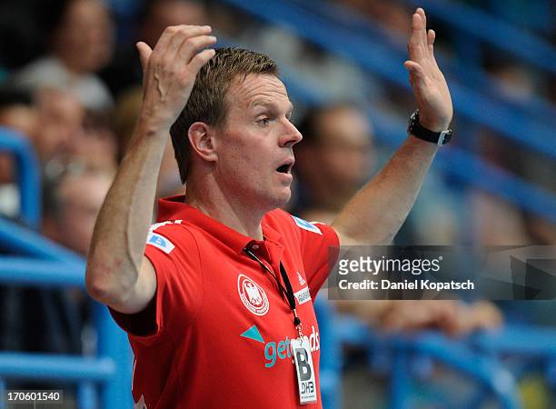 Coach Martin Heuberger of Germany reacts during the EHF Euro 2014 Qualifier match between Germany and Israel on June 15, 2013 in Aschaffenburg,...