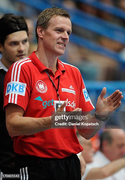 Coach Martin Heuberger of Germany reacts during the EHF Euro 2014 Qualifier match between Germany and Israel on June 15, 2013 in Aschaffenburg,...