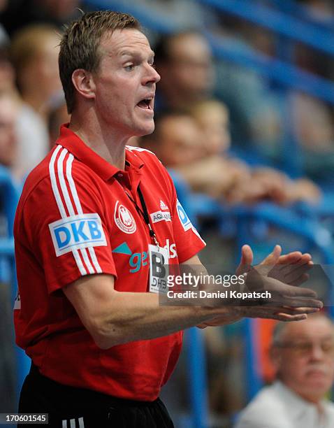 Coach Martin Heuberger of Germany reacts during the EHF Euro 2014 Qualifier match between Germany and Israel on June 15, 2013 in Aschaffenburg,...
