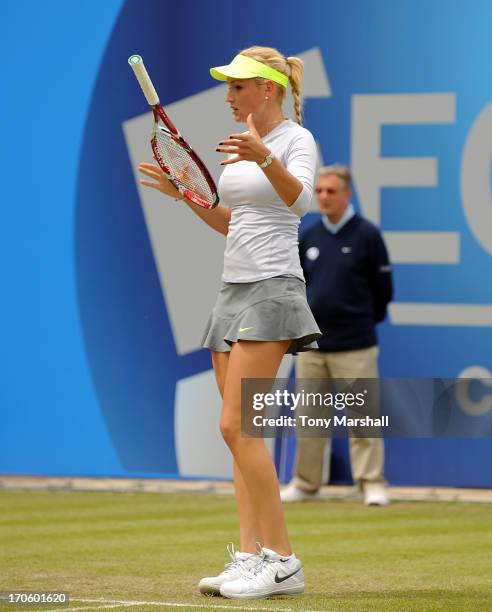 Donna Vekic of Croatia throws her racquet in frustration in her Semi Final match against Magdalena Rybarikova of Slovakia during the AEGON Classic...