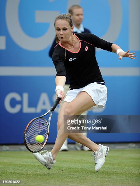 Magdalena Rybarikova of Slovakia returns a shot in her Semi Final match against Donna Vekic of Croatia during the AEGON Classic Tennis Tournament at...