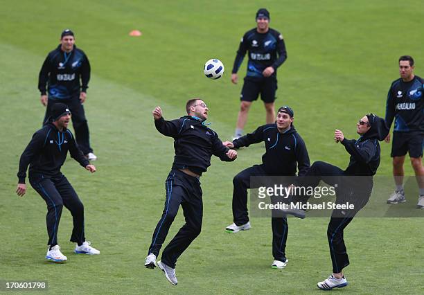 Daniel Vettori ,Mitchell McClenaghan and Tim Southee challnge for the ball during the New Zealnd nets session at the SWALEC Stadium on June 15, 2013...