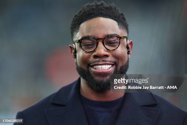 Micah Richards working as a television pundit for broadcaster TNT television during the UEFA Champions League match between Newcastle United FC and...