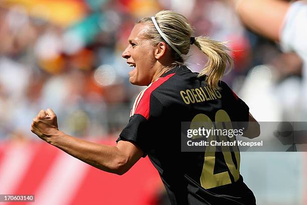 Lena Goessling of Germany celebrates the first goal during the Women's International Friendly match between Germany and Scotland at Stadium Essen on...