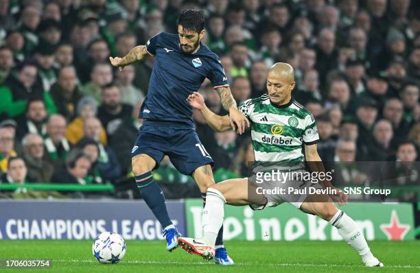 Celtic's Daizen Maeda and lazio's Luis Alberto in action during a UEFA Champions League match between Celtic and Lazio at Celtic Park, on October 04...