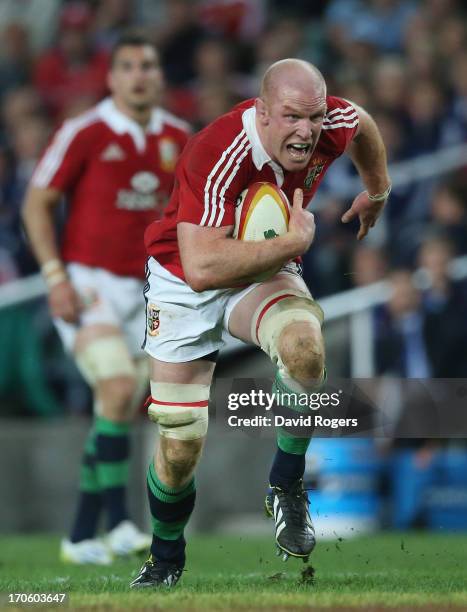 Paul O'Connell of the Lions runs with the ball during the match between the NSW Waratahs and the British & Irish Lions at Allianz Stadium on June 15,...