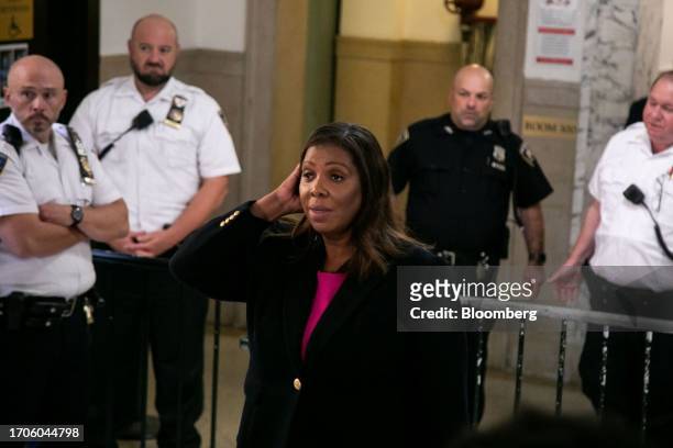 Letitia James, New York's attorney general, speaks to members of the media at New York State Supreme Court in New York, US, on Wednesday, Oct. 4,...