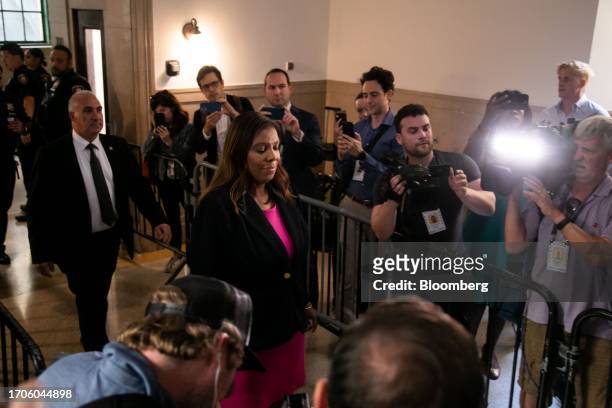 New York Attorney General Letitia James arrives at New York State Supreme Court in New York, US, on Wednesday, Oct. 4, 2023. Donald Trump is facing...