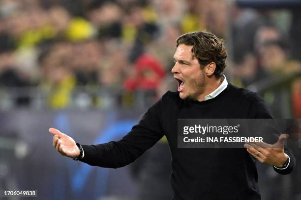 Dortmund's German head coach Edin Terzic reacts during the UEFA Champions League Group F football match between Borussia Dortmund and AC Milan in...