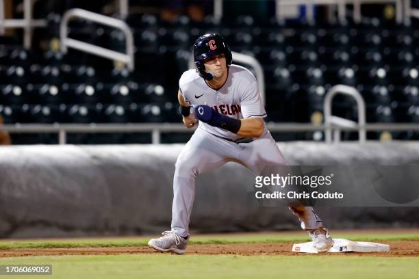 Chase DeLauter of the Peoria Javelinas scores a run during the game between the Peoria Javelinas and the Scottsdale Scorpions at Scottsdale Stadium...