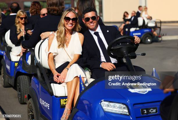 Rory McIlroy of Team Europe and wife Erica Stoll arrive at the opening ceremony for the 2023 Ryder Cup at Marco Simone Golf Club on September 28,...