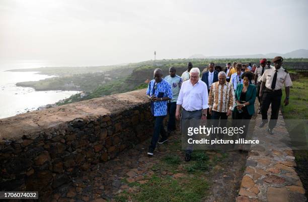 October 2023, Cape Verde, Cidade Velha: German President Frank-Walter Steinmeier and José Maria Pereira Neves , President of Cape Verde, are guided...