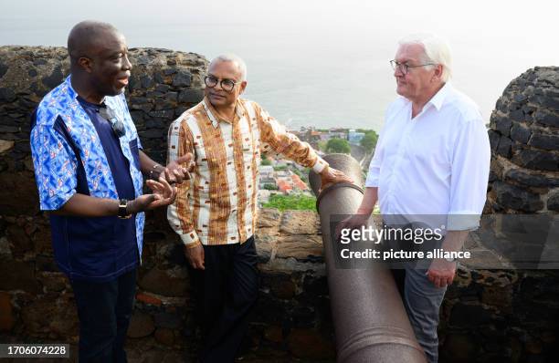 October 2023, Cape Verde, Cidade Velha: German President Frank-Walter Steinmeier and José Maria Pereira Neves, President of Cape Verde, are guided...