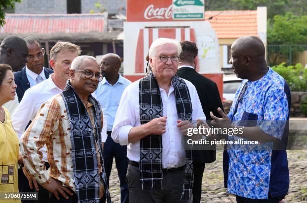 October 2023, Cape Verde, Cidade Velha: German President Frank-Walter Steinmeier and José Maria Pereira Neves , President of Cape Verde, are guided...