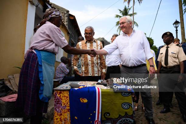 October 2023, Cape Verde, Cidade Velha: German President Frank-Walter Steinmeier and José Maria Pereira Neves , President of Cape Verde, greet a...