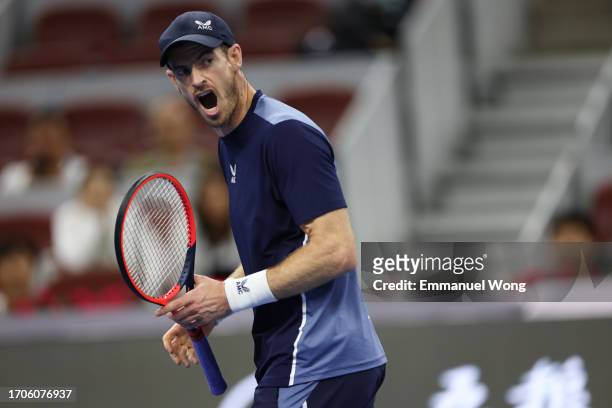 Andy Murray of Great Britain reacts during the match against Alex De Minaur of Australia on day 3 of the 2023 China Open at National Tennis Center on...