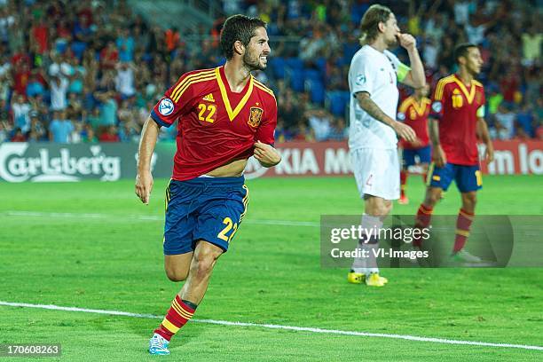 Isco of Spain U21, Stefan Strandberg of Norway U21, Thiago Alcantara of Spain U21 during the UEFA EURO U21 championship semi-final match between...