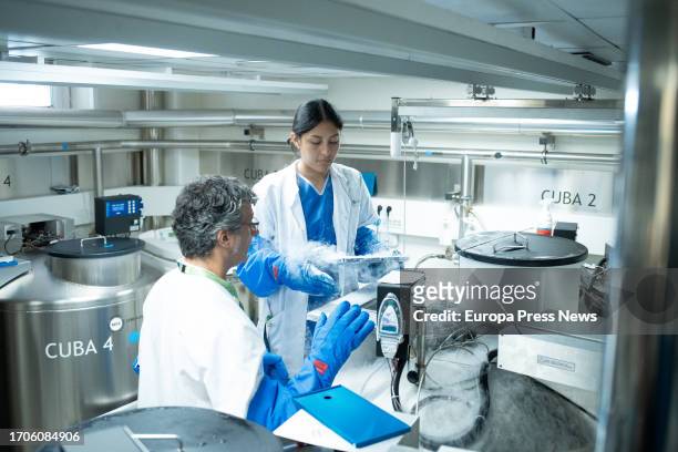 Two technicians work in the cell cryopreservation room at the Hospital Clinic, on 28 September, 2023 in Barcelona, Catalonia, Spain. This breast...