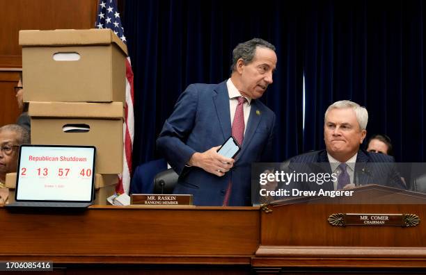 Chairman of the House Oversight Committee James Comer talks to Ranking Member Rep. Jamie Raskin during a Committee hearing titled “The Basis for an...