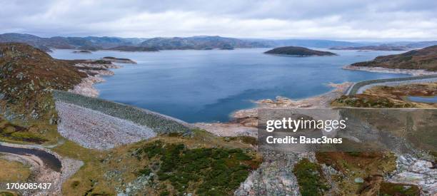 aerial view of rosskreppfjorden which has a hydroelectric power plant - stausee stock-fotos und bilder