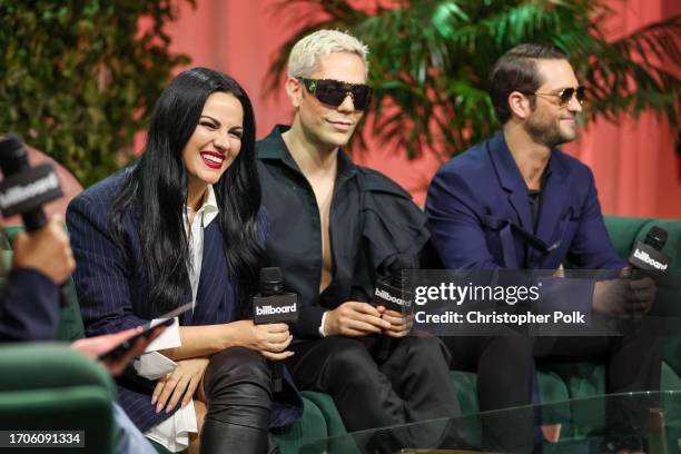 Maite Perroni, Christian Chávez and Christopher von Uckermann of RBD onstage at Billboard Latin Music Week held at Faena Forum on October 4, 2023 in...