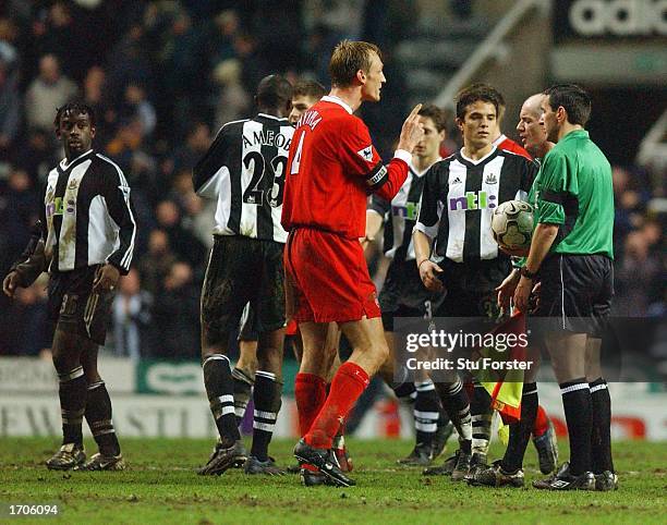 Liverpool Skipper Sami Hyypia argues with the Referee Dermot Gallagher during the FA Barclaycard Premiership match between Newcastle and Liverpool at...