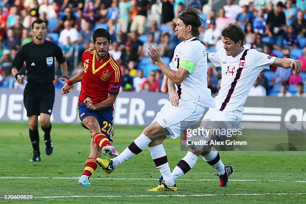 Isco of Spain tries to score against Stefan Strandberg and Fredrik Semb Berge of Norway during the UEFA European U21 Championship Semi Final match...